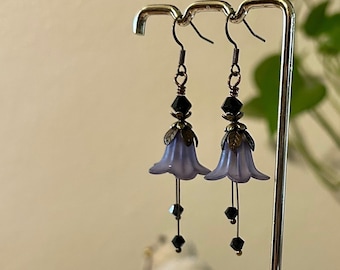 Paris Blue Frosted Glass Lucite Bell Flower Bronze Earrings. Gift for her.