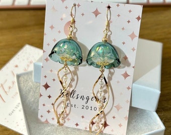 Translucent Teal Glass Jellyfish and Pearl Gold Chain Drop Dangle Earrings