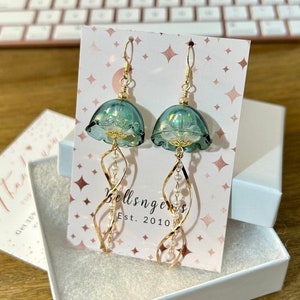 Translucent Teal Glass Jellyfish and Pearl Gold Chain Drop Dangle Earrings