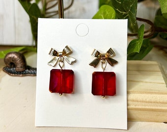 Red Glass Crystal Christmas Present Drop Dangle Bow Stud Earrings. Holiday season jewelry. Gift for her.