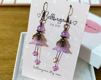 Pretty Purple Frosted Glass Lucite Bell Flower Bronze Earrings. Gift for her.