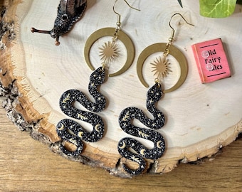 Witchy and Sparkly Snake Sun and Moon Dangle Earrings. Halloween jewelry.