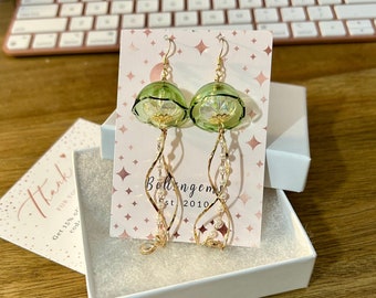 Iridescent Green Glass Jellyfish and Pearl Gold Chain Drop Dangle Earrings