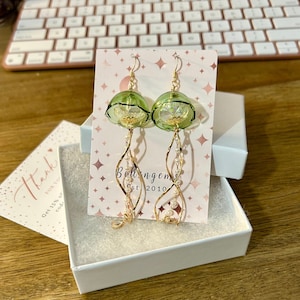 Iridescent Green Glass Jellyfish and Pearl Gold Chain Drop Dangle Earrings