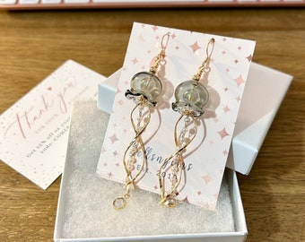 Translucent Grey Glass Jellyfish and Pearl Gold Chain Drop Dangle Earrings