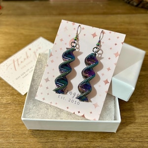 Double Helix DNA Iridescent Spiral Spring Metal Stainless Steel Scientist Drop Dangle Earrings. Gift.