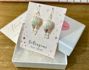 Sterling Silver Iridescent White Rainbow Hot Air Balloon Earrings. Gift for her.