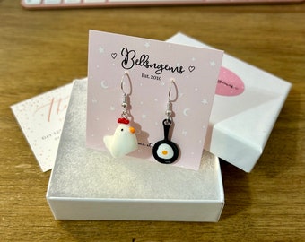 Mismatched Chicken and Egg on a Skillet Dangle Drop Earrings