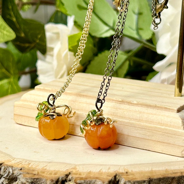 Agate Stone Pumpkin Necklace in Gold or Bronze Chain. Fall Season Autumn. Halloween. Gift for her. For Balance Strength Harmony and Courage