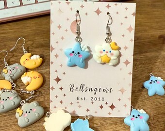 Moon Star Cloud Drop Dangle Statement Earrings. Fun Earrings. Gift for her.