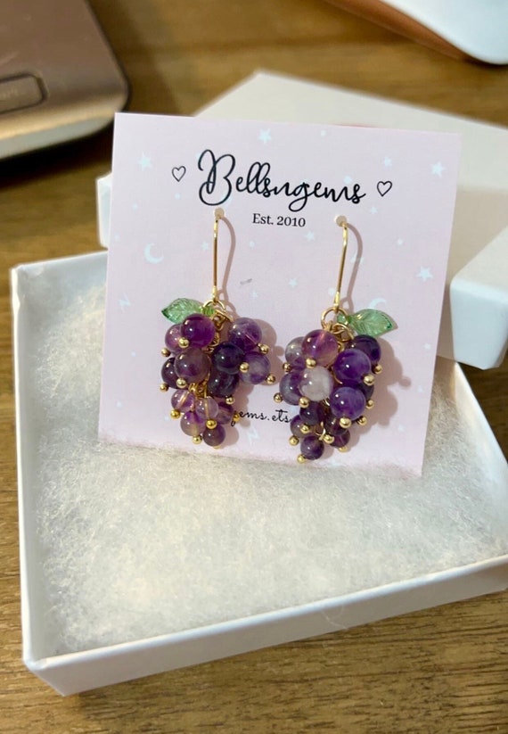 Amethyst Grape Dangle Gold Plated Stainless Steel Hook Earrings. Gift for her. Fruit earrings. Natural Stone for Peace and Relief Anxiety