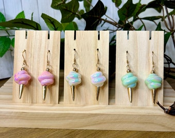 Ice Cream Iridescent Bead Gold Dangle Earrings in Pink Mint and White. Gift for her.