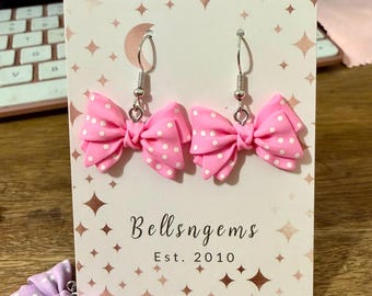 More Colors Polka Dot Bow Drop Dangle Earrings. Fun Earrings. Gift for her.