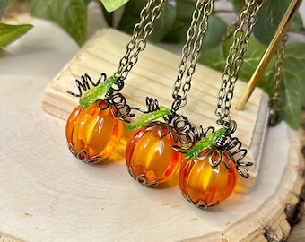 Orange Pumpkin Necklace with Oxidized Brass Chain. Fall Season Autumn. Halloween. Acrylic Melon Pendant Necklace. Gift for her.