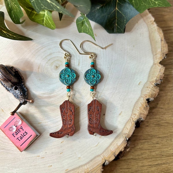 Carved Wood Cowboy Boots and Turquoise Metal Western Style Statement Earrings