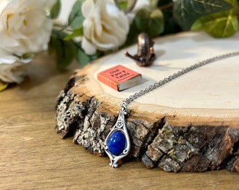 Lapis Lazuli Blue Natural Stone Cabochon Vintage Victorian Necklace Stainless Steel. Gift for her.