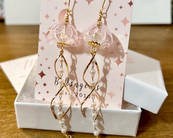 Iridescent Translucent Pale Pink Glass Jellyfish and Pearl Gold Chain Drop Dangle Earrings. Gift for her