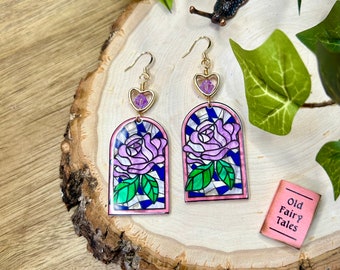 Purple Lavender Rose Stained Glass Window Acrylic Dangle Gold Sterling Silver Earrings with Blue or Purple Glass Crystal and Gold Heart