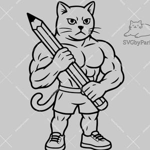 May include: A black and white line drawing of a muscular cat holding a large pencil. The cat is wearing shorts and sneakers. The cat has a serious expression on its face.
