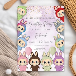 Convite de aniversário Labubu, modelo de convite para festa infantil, convite editável, convite Labubu para impressão, festa divertida, arte de fã, download digital