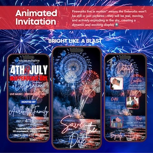Könnte beinhalten: Animierte Einladung zur 4. Juli-Feier mit Feuerwerk über Wasser auf drei Smartphones. Das Design enthält Eventdetails, Ort und RSVP-Informationen. Der Text lautet 'Save the Date'.