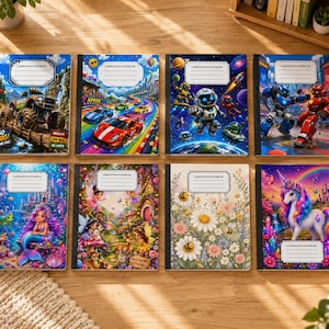 Op de afbeelding: Acht rechthoekige schriften gerangschikt in twee rijen. Elk schrift heeft een unieke kleurrijke grafische omslag, waaronder een monstertruck, raceauto's, ruimterobots, mechs, een zeemeermin, feeën, madeliefjes met bijen en een eenhoorn.