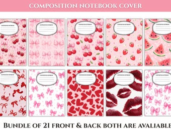 May include: A collection of ten rectangular composition notebook covers featuring various patterns including cherries, pink bows, strawberries, watermelon slices, red hearts, and red lips. Each cover includes a white label with the text COMPOSITION NOTEBOOK.
