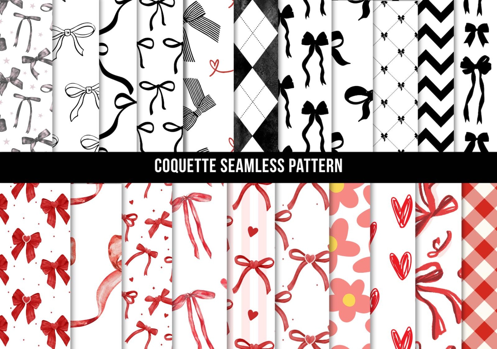 Coquette Bow Digital Paper: Black & Red Girly Patterns (12x12