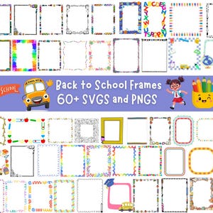 Könnte beinhalten: Eine Sammlung von über 60 digitalen Rahmen mit schulbezogenen Motiven, darunter Stifte, Buntstifte, Buchstaben des Alphabets und Busse. Das Bild zeigt verschiedene rechteckige und kreisförmige Umrandungen mit bunten Mustern und Linien.