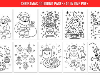 May include: Black and white line art illustrations of Christmas-themed images, including Santa Claus, a Christmas tree, ornaments, and a reindeer. The text "CHRISTMAS COLORING PAGES (40 IN ONE PDF)" is at the top.