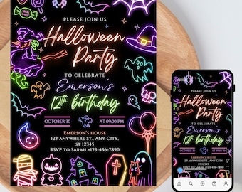 May include: A Halloween party invitation with neon-style graphics on a black background. The invitation includes a witch, ghosts, a skull, and the text "Halloween Party" and "Emerson's 12th birthday". A smartphone displays the same invitation.