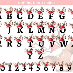 May include: A Christmas alphabet bundle featuring letters A through Z and numbers 0 through 9. Each letter and number is black and adorned with a reindeer antler design and a red Santa hat. The words "Christmas Alphabet Bundle" are at the top.