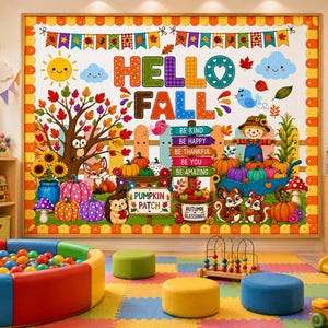 以下が含まれることがあります： HELLO FALLという文字と、かかし、カボチャ、ひまわり、キツネ、ハリネズミ、リス、そしてBE KIND BE HAPPY BE THANKFUL BE YOU BE AMAZINGと書かれた看板など、秋をテーマにしたカラフルなイラストが描かれた長方形の壁掛けバナー。