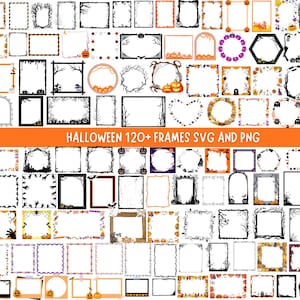 May include: A collection of over 120 Halloween-themed digital frames in SVG and PNG formats, featuring various designs including pumpkins, ghosts, spider webs, bats, and skeletal branches in black, orange, purple, and white color palettes.