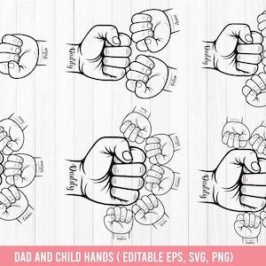 Puede incluir: Ilustración en blanco y negro de un puño grande chocando con puños más pequeños, con la palabra "Daddy" y los nombres de los niños. La imagen está etiquetada como "DAD AND CHILD HANDS (EDITABLE EPS, SVG, PNG)".