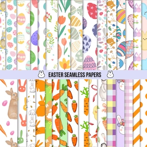 以下が含まれることがあります： イースターをテーマにしたシームレスペーパーのコレクション。カラフルなイースターエッグ、ウサギ、ニンジン、花、パターンなどのデザイン。テキスト「EASTER SEAMLESS PAPERS」がバナーに表示されています。