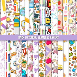 May include: A collection of colorful seamless papers with school-themed illustrations. Designs include pencils, apples, school buses, globes, and backpacks. The text "BACK TO SCHOOL SEAMLESS PAPERS" is displayed across the image.