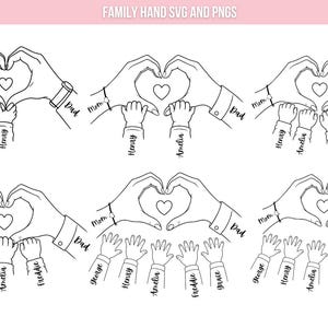 Familjehänder hjärta svg png-paket, mamma pappa barn händer linje svg, förälder och barn håller händer svg, mors dag svg, fars dag svg png