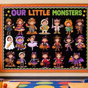 May include: A large rectangular classroom bulletin board with a black background and an orange scalloped border. The text OUR LITTLE MONSTERS is displayed at the top. It features twenty illustrations of children in various Halloween costumes.