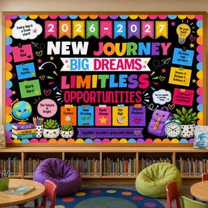 May include: A classroom bulletin board display with a black background featuring the text 2026-2027, New Journey, Big Dreams, Limitless Opportunities, and Together we learn grow and shine, surrounded by colourful icons like a globe, plants, and a backpack.