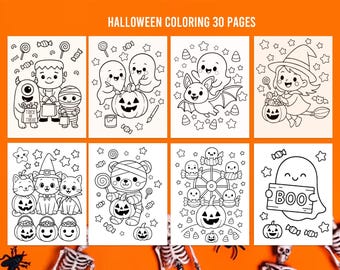 Peut inclure: Un livre de coloriage d'Halloween de 30 pages, présentant diverses illustrations effrayantes. Les dessins en noir et blanc incluent des fantômes, des citrouilles, des chauves-souris et des enfants qui font la chasse aux bonbons.