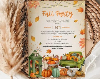 May include: A fall-themed invitation with the text "Fall Party" and autumn leaves. The invitation includes details for a fall festival with pumpkin bowling and apple bobbing. A green truck is filled with pumpkins and gourds.