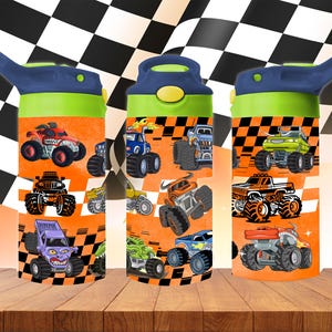 May include: Three insulated water bottles with a monster truck theme. The bottles have a blue and green lid, orange and black checkered pattern, and various monster truck illustrations. The bottles are on a wooden surface.