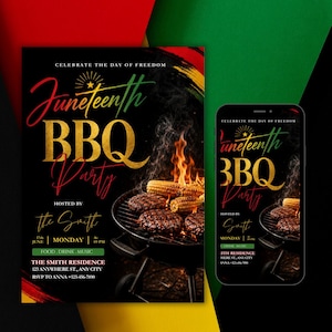 Peut inclure: Une invitation à une fête de barbecue de la Juneteenth est affichée sur un flyer et un écran de smartphone. Le design présente un fond noir avec des accents rouges, jaunes et verts. Les mots "Juneteenth BBQ Party" sont en or, avec des images de nourriture grillée.