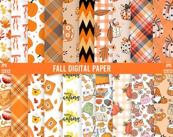 Fall Digital Paper: Autumn Seamless Pattern, Pumpkin Background (20 JPEG Files)