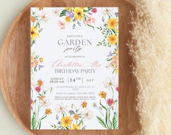 Invito per festa in giardino con fiori selvatici, invito di compleanno floreale per una donna, invito primaverile, baby shower a tema fiori da giardino, modello Canva