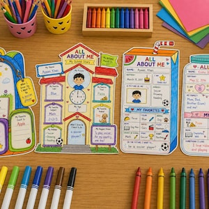 Può includere: Quattro fogli di attività colorati 'All About Me' a forma di zaino, edificio scolastico, brick di succo e barattolo. Ogni foglio presenta sezioni da compilare con dettagli personali, hobby e preferiti, circondati da vari pennarelli.