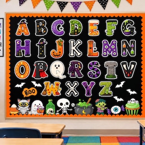 May include: A large rectangular classroom bulletin board featuring a black background with a Halloween-themed alphabet display. Each letter is decorated with spooky motifs like ghosts, pumpkins, monsters, and skeletons, accompanied by festive icons.