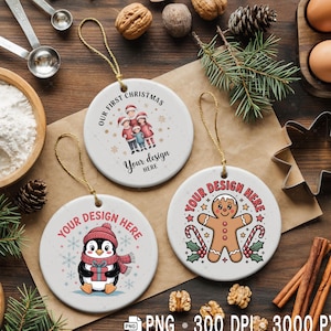 May include: Three white ceramic Christmas ornaments with gold string hangers. One features a family illustration, another a penguin, and the third a gingerbread man. Each ornament has the text "Your Design Here".