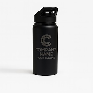 May include: Black insulated water bottle with a flip-top lid. The bottle features a silver-colored "C" logo and the text "COMPANY NAME" and "YOUR TAGLINE" in a sans-serif font. The bottle is designed to keep beverages cold.